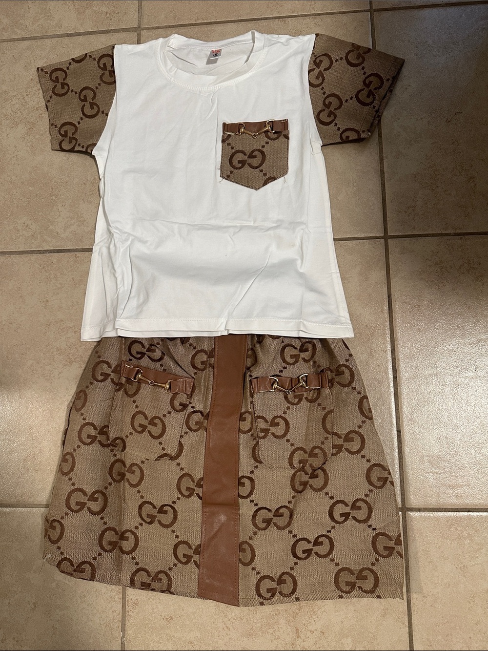 White Tee & Monogram Brown Skirt Set for girl